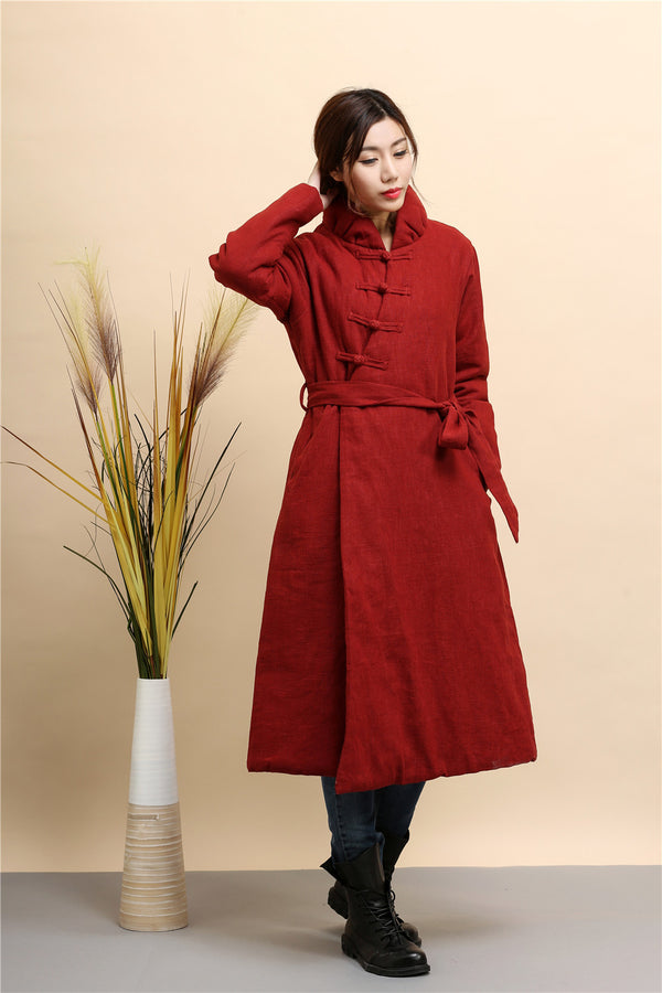 Women Asian Style Diagonal Buckle Long Length Linen and Cotton Quilted Coat