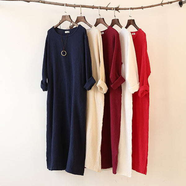 Women Linen and Cotton Double-layer Long-sleeved Loose Dress