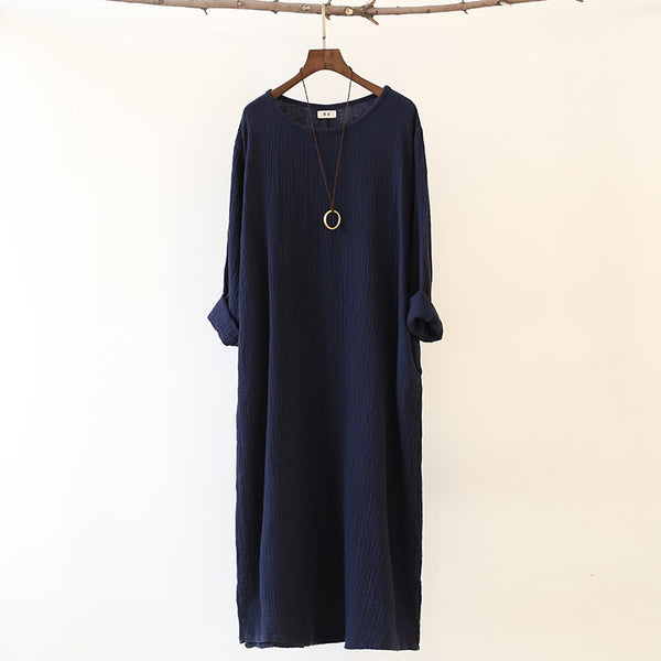 Women Linen and Cotton Double-layer Long-sleeved Loose Dress