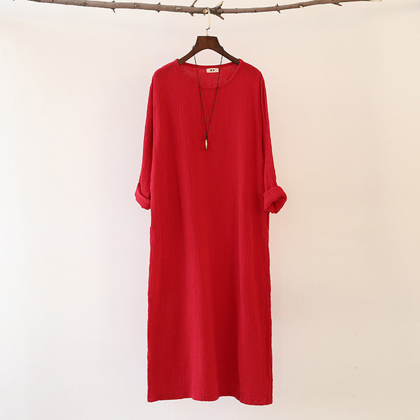 Women Linen and Cotton Double-layer Long-sleeved Loose Dress