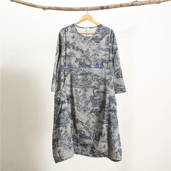 Women linen and cotton dress – Hanfu Tyle Landscape Printed Dress