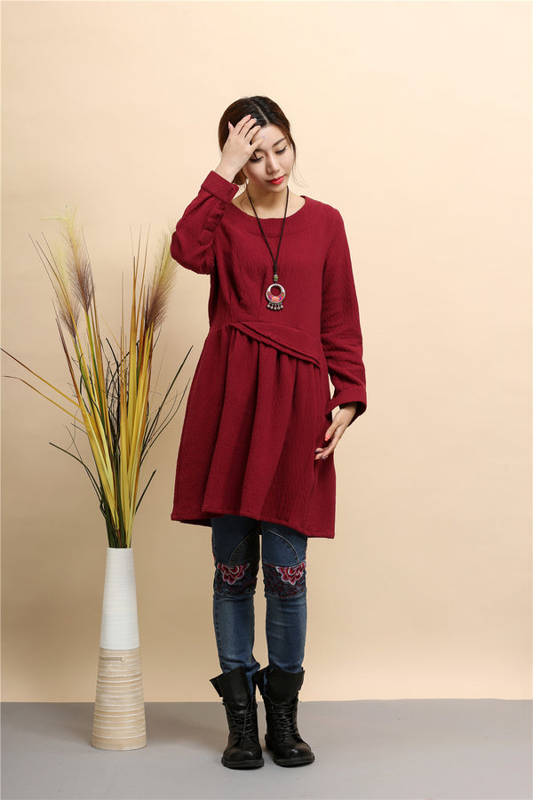 Women Tunic Style Pure Color Long Sleeved Linen and Cotton Tea Length Short Dress