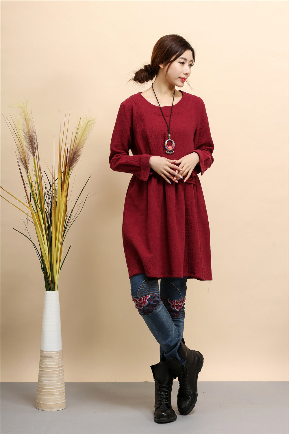Women Tunic Style Pure Color Long Sleeved Linen and Cotton Tea Length Short Dress