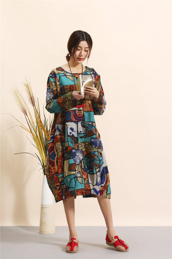 Women Eastern Style Linen and Cotton Printed Dress