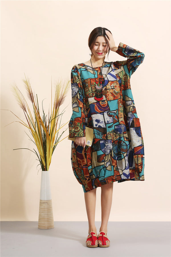 Women Eastern Style Linen and Cotton Printed Dress