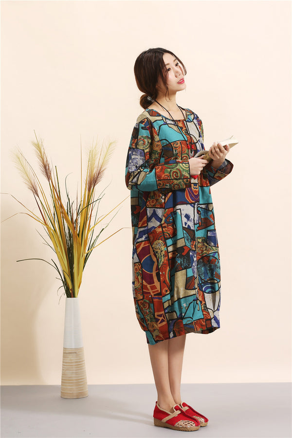 Women Eastern Style Linen and Cotton Printed Dress
