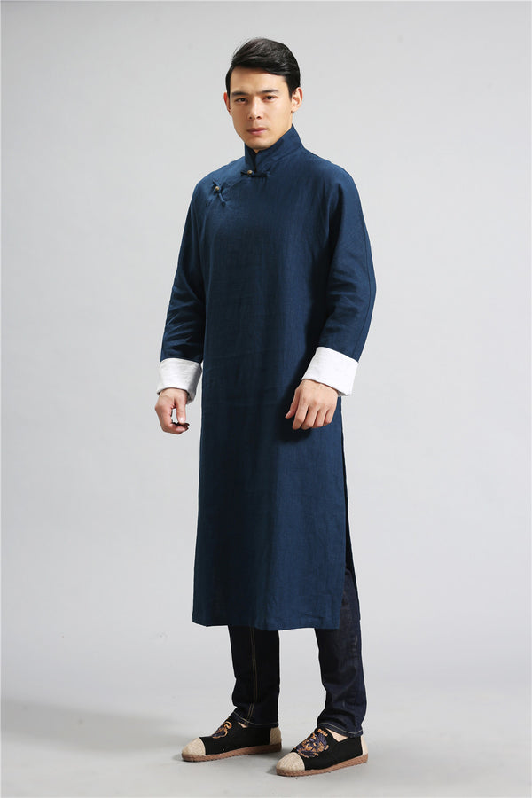 Men Tranditional Chinese KungFu Style Tunic Type Linen and Cotton Coat