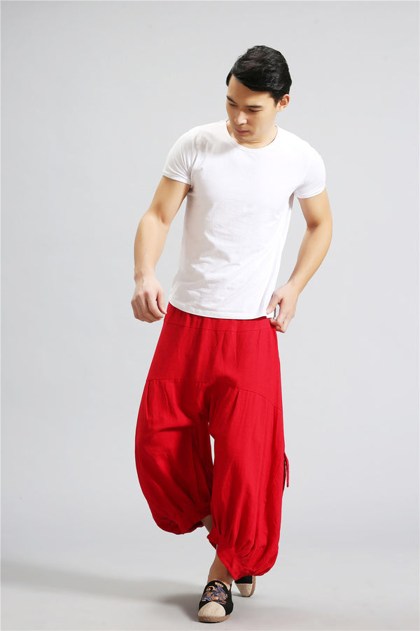 Men Casual New Style Loose Pure Color Cotton and Linen Hanging Crotch Pants