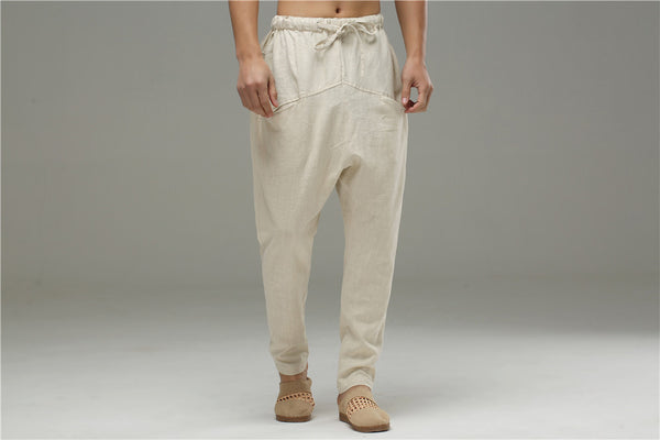 Men Casual Pure Color Cotton and Linen Crotch Dancing Men Pants