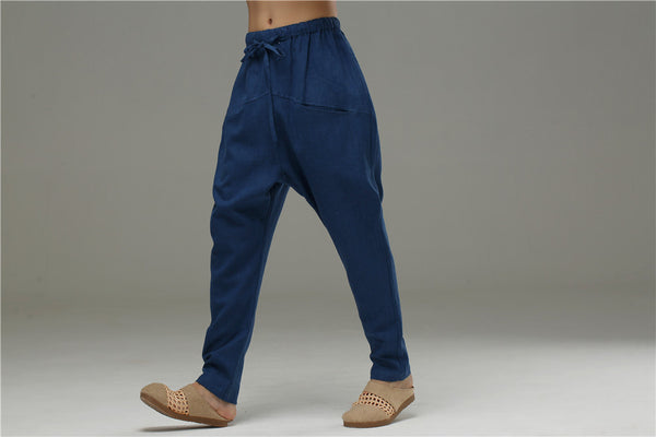 Men Casual Pure Color Cotton and Linen Crotch Dancing Men Pants