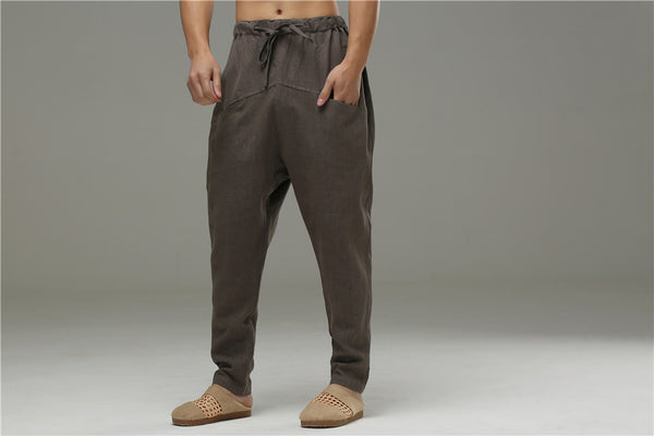 Men Casual Pure Color Cotton and Linen Crotch Dancing Men Pants