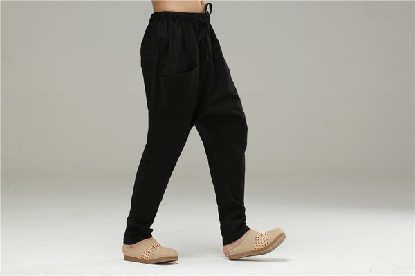 Men Casual Pure Color Cotton and Linen Crotch Dancing Men Pants