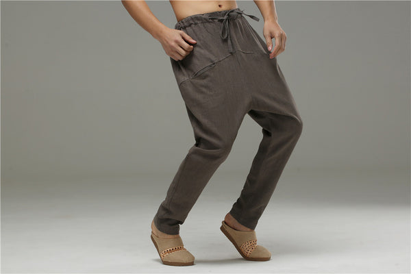 Men Casual Pure Color Cotton and Linen Crotch Dancing Men Pants