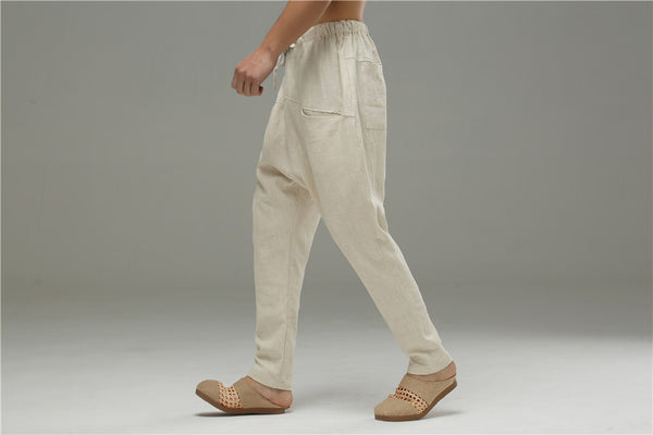 Men Casual Pure Color Cotton and Linen Crotch Dancing Men Pants