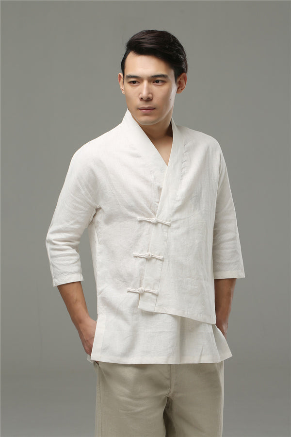 Men Casual Loose Three Buckle Asymmetrical Linen and Cotton T-shirt Tops