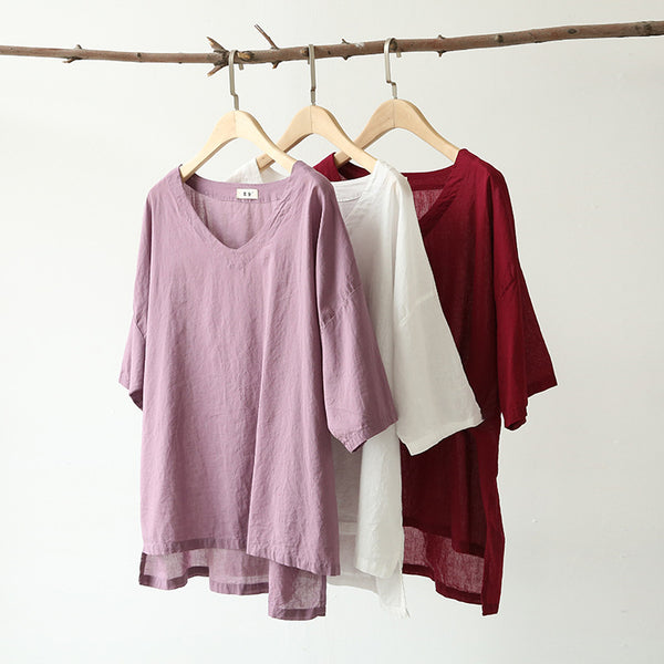 Women cotton and linen V-neck short sleeve loose t-shirt