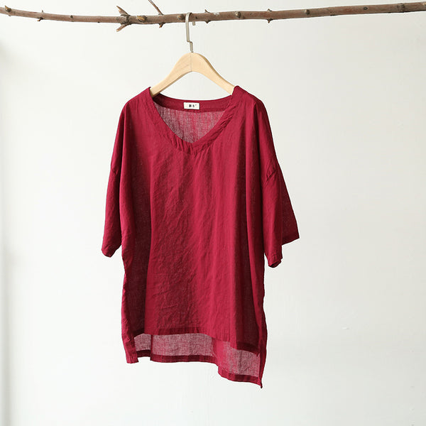 Women cotton and linen V-neck short sleeve loose t-shirt