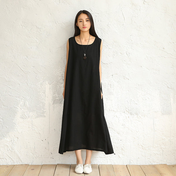 Women Pure Color Loose Light Vest-style Sleeveless Dress