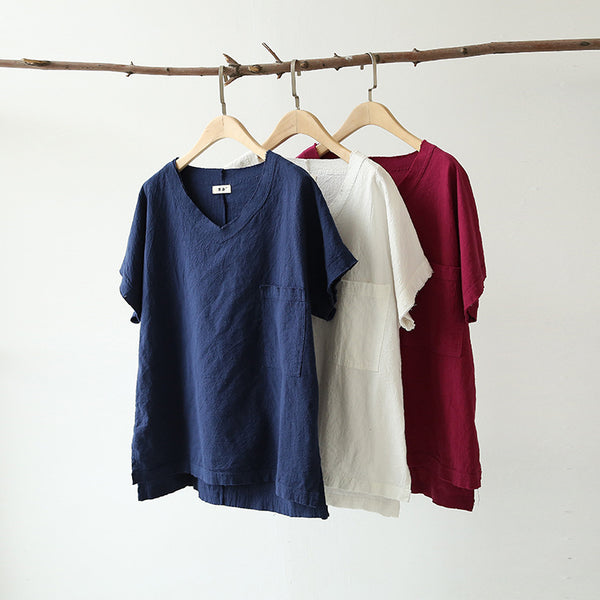 Women Cotton and Linen V-neck Short Sleeve Loose T-shirt