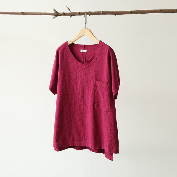 Women Cotton and Linen V-neck Short Sleeve Loose T-shirt