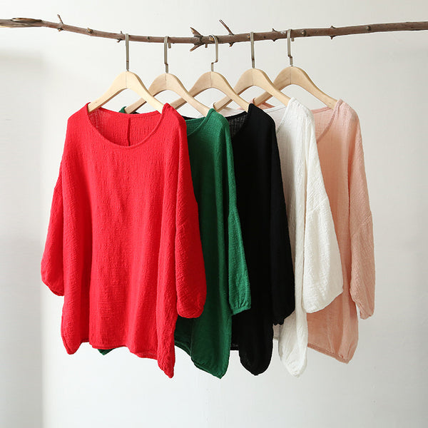 Women cotton and linen T-shirt – Retro art style loose large size lantern style t-shirt