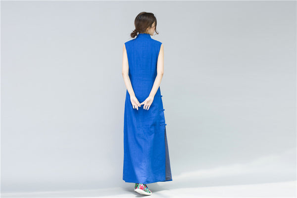 Women Chinese Style Retro Pure Color Sleeveless Ankle Length Dress