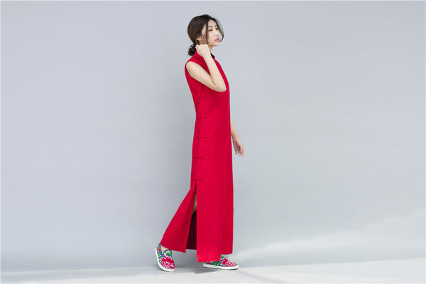 Women Chinese Style Retro Pure Color Sleeveless Ankle Length Dress