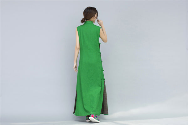 Women Chinese Style Retro Pure Color Sleeveless Ankle Length Dress