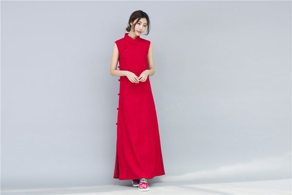 Women Chinese Style Retro Pure Color Sleeveless Ankle Length Dress