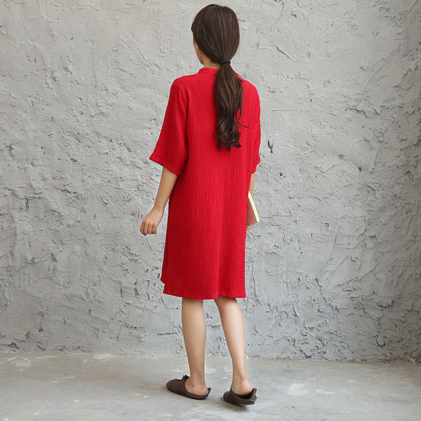 Women Retro Chinese Style Loose Collar Buckle Middle Sleeve Knee Length Dress