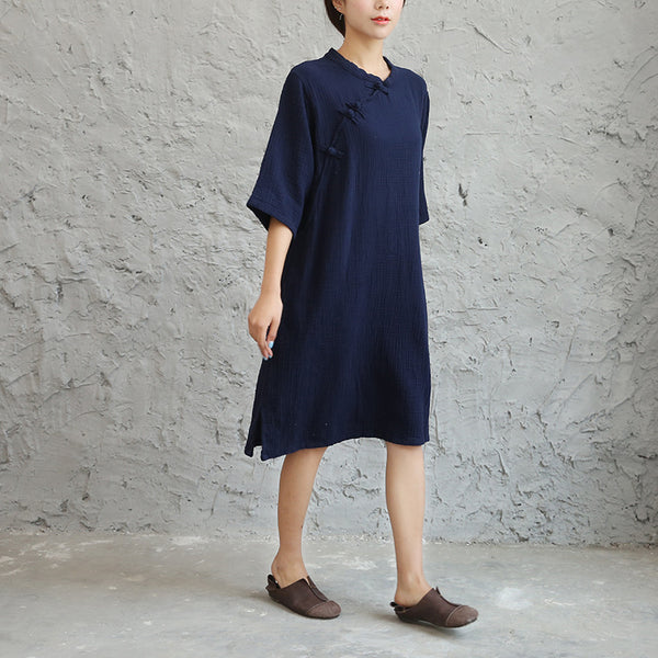 Women Retro Chinese Style Loose Collar Buckle Middle Sleeve Knee Length Dress