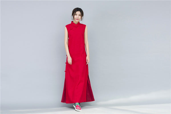 Women Chinese Style Retro Pure Color Sleeveless Ankle Length Dress