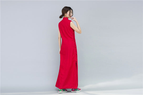 Women Chinese Style Retro Pure Color Sleeveless Ankle Length Dress