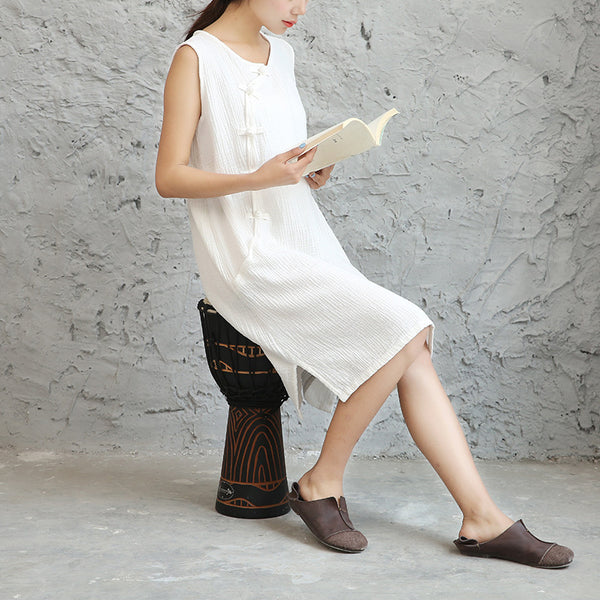 Women Retro Chinese Style Buckle Middle Long Linen and Cotton Knee Length Dress