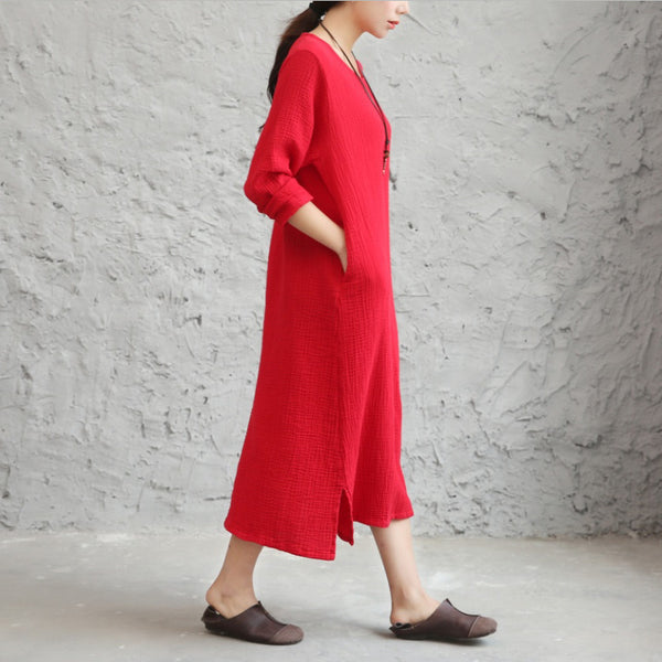 Women Linen and Cotton Double-layer Long-sleeved Loose Dress