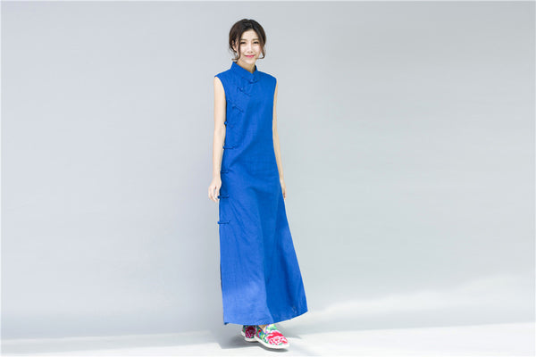 Women Chinese Style Retro Pure Color Sleeveless Ankle Length Dress