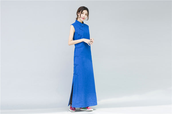 Women Chinese Style Retro Pure Color Sleeveless Ankle Length Dress