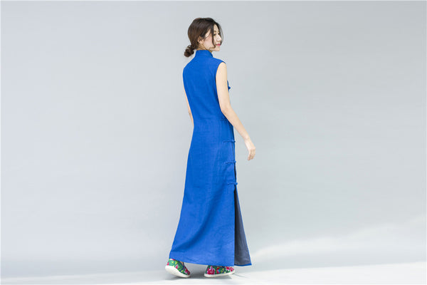 Women Chinese Style Retro Pure Color Sleeveless Ankle Length Dress