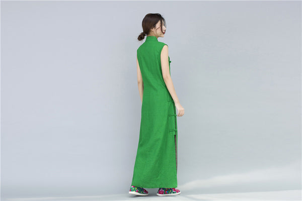 Women Chinese Style Retro Pure Color Sleeveless Ankle Length Dress