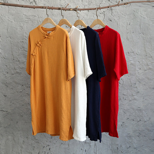 Women Retro Chinese Style Loose Collar Buckle Middle Sleeve Knee Length Dress
