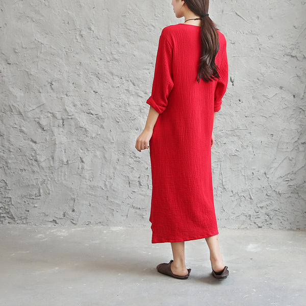 Women Linen and Cotton Double-layer Long-sleeved Loose Dress