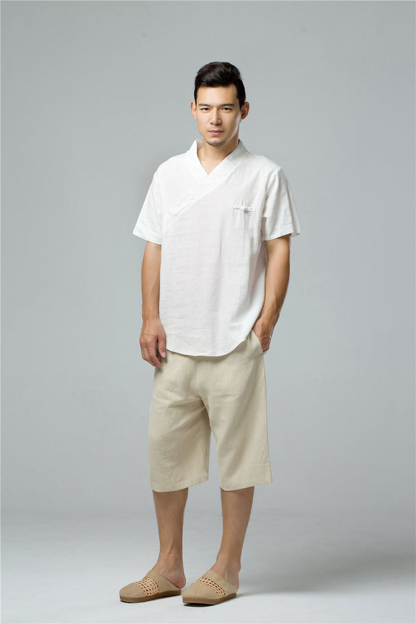 Men Simple Hanfu Style Short Sleeve Linen and Cotton T-shirt Tops