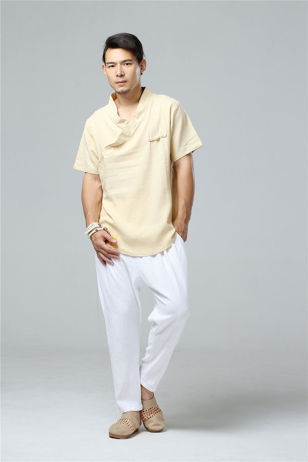 Men Simple Hanfu Style Short Sleeve Linen and Cotton T-shirt Tops