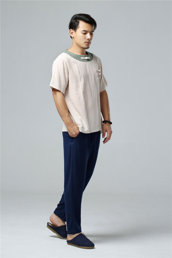 Men Asian Retro Style Round Neck Linen and Cotton Short Sleeve Tops