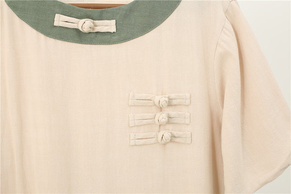 Men Asian Retro Style Round Neck Linen and Cotton Short Sleeve Tops