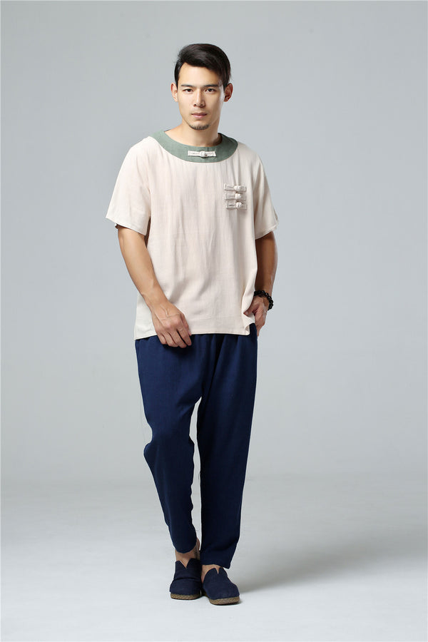 Men Asian Retro Style Round Neck Linen and Cotton Short Sleeve Tops
