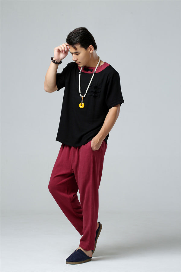 Men Asian Retro Style Round Neck Linen and Cotton Short Sleeve Tops
