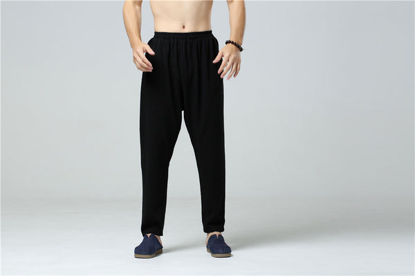 Men Casual Pure Color Cotton and Linen Straight Type Cropped Pants