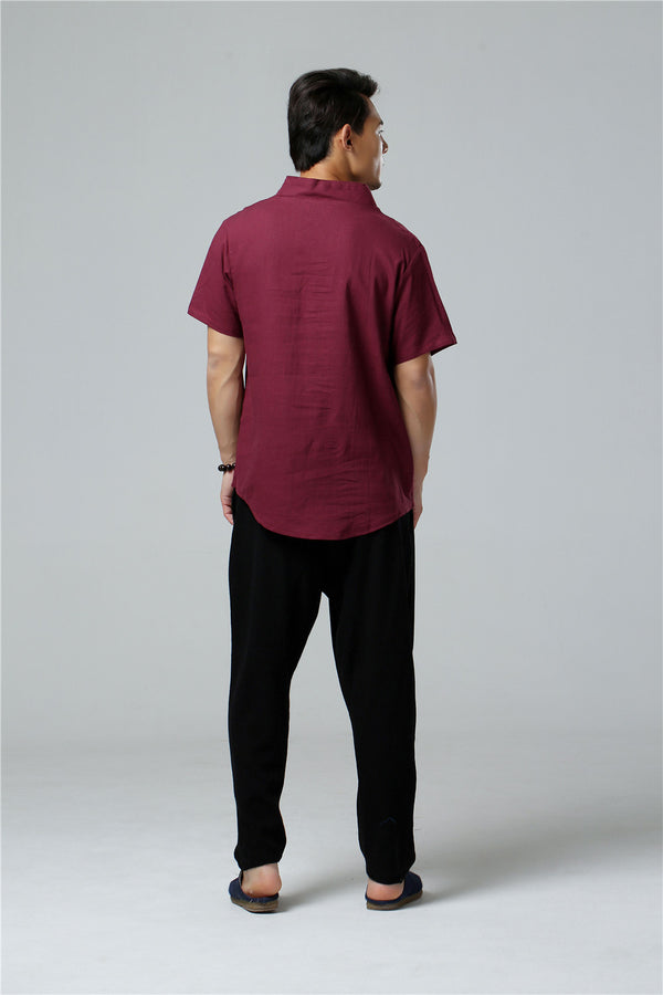 Men Simple Hanfu Style Short Sleeve Linen and Cotton T-shirt Tops