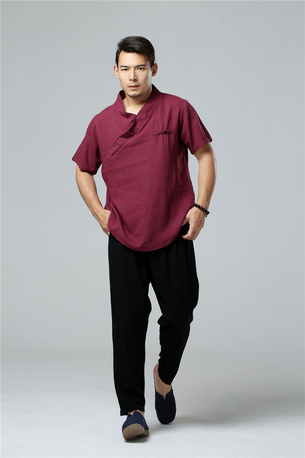 Men Simple Hanfu Style Short Sleeve Linen and Cotton T-shirt Tops